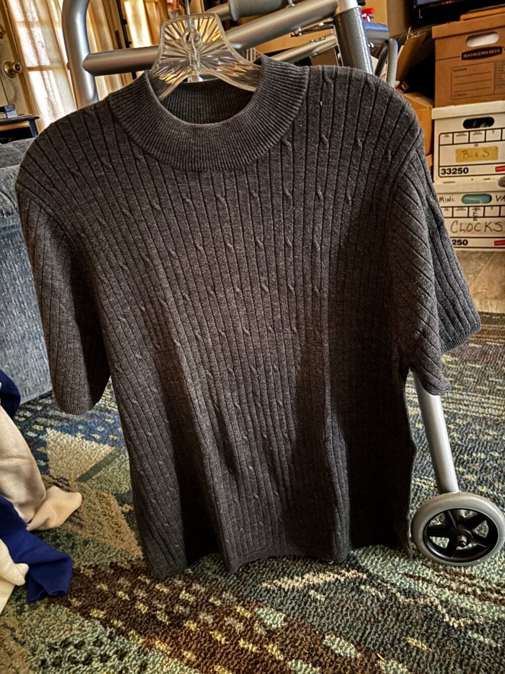 Laura Scott Dark Gray Acrylic Knit Short-Sleeve Sweater, Size X-LARGE